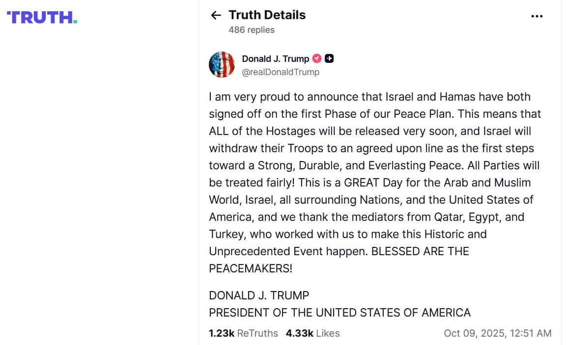 Il post di Trump su Truth con cui annuncia l'accordo