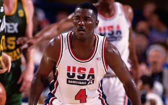 TORONTO - AUGUST 9: Joe Dumars #4 of the USA Senior Men's National Team defends against the Australia Senior Men's National Team during the 1994 World Championships of Basketball on August 9, 1994 at the Maple Leaf Gardens in Toronto, Ontario, Canada. The United States defeated Australia 103-74. NOTE TO USER: User expressly acknowledges and agrees that, by downloading and or using this photograph, User is consenting to the terms and conditions of the Getty Images License Agreement. Mandatory Copyright Notice: Copyright 1994 NBAE (Photo by Nathaniel S. Butler/NBAE via Getty Images)