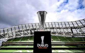 Dublin , Ireland - 16 April 2024; The UEFA Europa League trophy at the Aviva Stadium ahead of the 2023/24 UEFA Europa League Final which will take place on Wednesday, May 22 in Dublin. (Photo By Stephen McCarthy/Sportsfile via Getty Images)