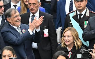 Il presidente del Senato, Ignazio La Russa e il presidente del Consiglio, Giorgia Meloni, durante un momento della Parata militare del 2 Giugno in via dei Fori Imperiali a Roma, 2 giugno 2024. ANSA/CLAUDIO PERI