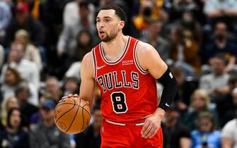 SALT LAKE CITY, UTAH - MARCH 16: Zach LaVine #8 of the Chicago Bulls dribbles the ball upcourt during the first half of a game against the Utah Jazz at Vivint Smart Home Arena on March 16, 2022 in Salt Lake City, Utah. NOTE TO USER: User expressly acknowledges and agrees that, by downloading and or using this photograph, User is consenting to the terms and conditions of the Getty Images License Agreement. (Photo by Alex Goodlett/Getty Images)