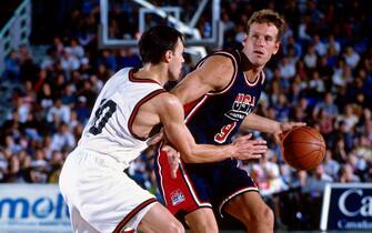 TORONTO - AUGUST 14: Dan Majerle #8 of the USA Senior Men's National Team dribbles against the Russian Senior Men's National Team during the 1994 World Championships of Basketball Gold Medal game on August 14, 2010 at the Toronto Skydome in Toronto, Ontario, Canada. The United States defeated Russia 137-91 to win the Gold medal. NOTE TO USER: User expressly acknowledges and agrees that, by downloading and or using this photograph, User is consenting to the terms and conditions of the Getty Images License Agreement. Mandatory Copyright Notice: Copyright 2010 NBAE (Photo by Andrew D. Bernstein/NBAE via Getty Images)