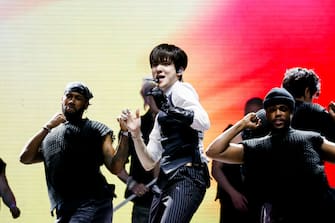 INDIO, CALIFORNIA - APRIL 19: (FOR EDITORIAL USE ONLY) Jeong Yun-ho of ATEEZ performs at the Sahara Tent during the 2024 Coachella Valley Music and Arts Festival at Empire Polo Club on April 19, 2024 in Indio, California. (Photo by Frazer Harrison/Getty Images for Coachella)