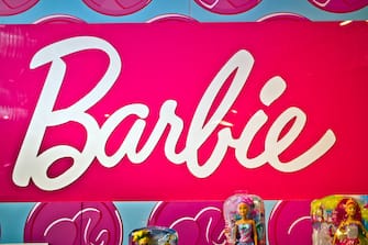 Barbie sign in Hamleys store. Barbie is a fashion doll manufactured by the American toy company Mattel
