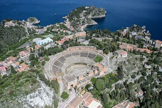 TAORMINA, ITALY - MAY 01: Aerial view of the empty Teatro Antico of Taormina on May 01, 2020 in Taormina, Italy. Italy is still on lockdown to stem the transmission of the Coronavirus (Covid-19), but slowly easing restrictions. (Photo by Fabrizio Villa/Getty Images)