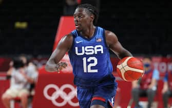 SAITAMA, JAPAN - JULY 25: Jrue Holiday of USA during the Men's Preliminary Round Group B basketball game between United States and France on day two of the Tokyo 2020 Olympic Games at Saitama Super Arena on July 25, 2021 in Saitama, Japan (Photo by Jean Catuffe/Getty Images)