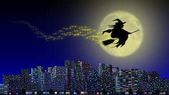 3d illustration. Halloween. Hag. Witch flying in the night. Occurrence in the autumn, winter, in the months of October, November, January.