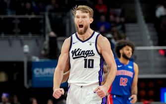 DETROIT, MICHIGAN - JANUARY 09: Domantas Sabonis #10 of the Sacramento Kings celebrates against the Detroit Pistons during the third quarter at Little Caesars Arena on January 09, 2024 in Detroit, Michigan. NOTE TO USER: User expressly acknowledges and agrees that, by downloading and or using this photograph, User is consenting to the terms and conditions of the Getty Images License Agreement. (Photo by Nic Antaya/Getty Images)
