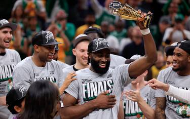 INDIANAPOLIS, INDIANA - MAY 27: Jaylen Brown #7 of the Boston Celtics accepts The Larry Bird Trophy after winning Game Four of the Eastern Conference Finals at Gainbridge Fieldhouse on May 27, 2024 in Indianapolis, Indiana. NOTE TO USER: User expressly acknowledges and agrees that, by downloading and or using this photograph, User is consenting to the terms and conditions of the Getty Images License Agreement. (Photo by Justin Casterline/Getty Images)