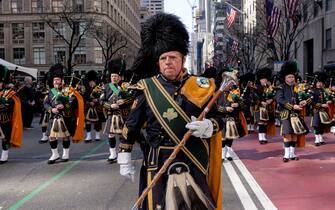 NEW YORK, NY - MARCH 16: Participants march and play the bagpipes in the St. Patrick's Day Parade on March 16, 2024 in New York City. (Photo by Craig T Fruchtman/Getty Images)