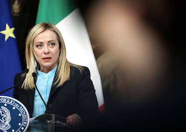 Giorgia Meloni, Italy's prime minister, speaks during a news conference following her meeting with Pedro Sanchez, Spain's prime minister, at the Chigi Palace in Rome, Italy, on Wednesday, April 5, 2023. Italy's government is planning to revise up its outlook for 2023 economic growth, envisaging a range of 0.8% to 1% in its latest budget plans, according to people familiar with the matter. Photographer: Alessia Pierdomenico/Bloomberg via Getty Images