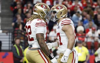 epa11146391 San Francisco 49ers defensive lineman Chase Young (L) and San Francisco 49ers quarterback Brandon Allen (R) interact during the first half of Super Bowl LVIII between the Kansas City Chiefs and the San Fransisco 49ers at Allegiant Stadium in Las Vegas, Nevada, USA, 11 February 2024. The Super Bowl is the annual championship game of the NFL between the AFC Champion and the NFC Champion and has been held every year since 1967.  EPA/JOHN G. MABANGLO