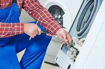 Washing machine repair. Repairer hands with screwdriver disassembling damaged unit for repair