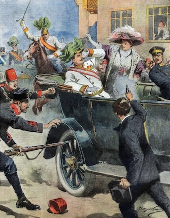 An illustration from July 1914 by Achille Beltrame of the  event widely acknowledged to have sparked the outbreak of World War I. Archduke Franz Ferdinand, nephew of Emperor Franz Josef and heir to the Austro-Hungarian Empire, shot to death along with his wife by 19-year-old Gavrilo Princip, a Serbian nationalist in Sarajevo, Bosnia, on June 28, 1914.