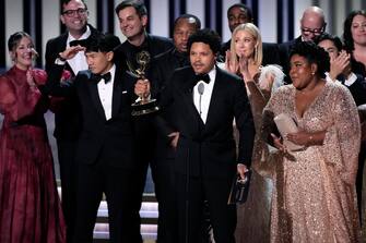 Jan 15, 2024; Los Angeles, CA, USA; Trevor Noah accepts the award for outstanding talk series for ‘The Daily Show With Trevor Noah’ during the 75th Emmy Awards at the Peacock Theater in Los Angeles on Monday, Jan. 15, 2024. Mandatory Credit: Robert Hanashiro-USA TODAY/Sipa USA