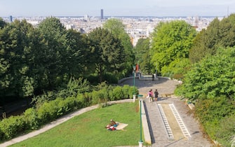 Paris Belleville Park - park with a view of Paris skyline, in the 20th arrondissement. France, Europe.