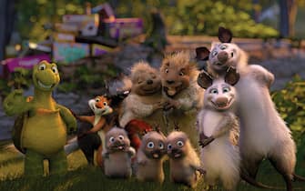 Pictured: From left - Verne the Turtle, Hammy the Squirrel, Stella the Skunk, Penny and Lou the Porcupines, and Heather and Ozzie the Possum in a scene from DreamWorks Animation's computer-animated comedy OVER THE HEDGE.
