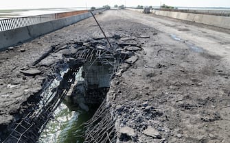 RUSSIA, KHERSON REGION - JUNE 23, 2023: A view shows damage to a bridge near the village of Chongar. According to Kherson Region Governor Saldo, Ukraine has hit bridges between the region and Crimea using what appears to be British cruise missiles Storm Shadow. Alexander Polegenko/TASS/Sipa USA