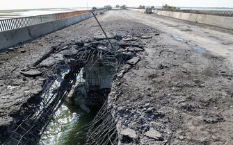 RUSSIA, KHERSON REGION - JUNE 23, 2023: A view shows damage to a bridge near the village of Chongar. According to Kherson Region Governor Saldo, Ukraine has hit bridges between the region and Crimea using what appears to be British cruise missiles Storm Shadow. Alexander Polegenko/TASS/Sipa USA