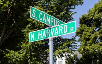 North Harvard Street and South Campus Drive signs on the Harvard University's Allston campus in Boston, Massachusetts.