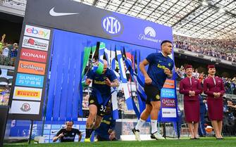 MILAN, ITALY - MAY 19: Lautaro Martinez of FC Internazionale  enters the pitch for warm-up prior to the Serie A TIM match between FC Internazionale and SS Lazio at Stadio Giuseppe Meazza on May 19, 2024 in Milan, Italy. (Photo by Mattia Pistoia - Inter/Inter via Getty Images)