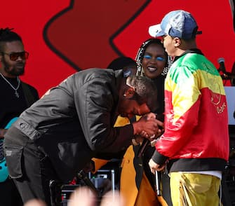 INDIO, CALIFORNIA - APRIL 14: (FOR EDITORIAL USE ONLY) (L-R) Busta Rhymes, Lauryn Hill, and YG Marley perform at Coachella Stage during the 2024 Coachella Valley Music and Arts Festival at Empire Polo Club on April 14, 2024 in Indio, California. (Photo by Arturo Holmes/Getty Images for Coachella)