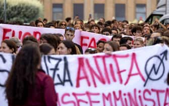 La manifestazione contro il convegno organizzato da Azione Universitaria all' universitˆ La Sapienza a Roma, 25 ottobre 2022. 
ANSA/MASSIMO PERCOSSI