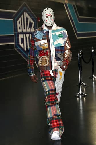 CHARLOTTE, NC - OCTOBER 30: Terry Rozier #3 of the Charlotte Hornets arrives to the arena in a halloween costume before the game against the Brooklyn Nets on October 30, 2023 at Spectrum Center in Charlotte, North Carolina. NOTE TO USER: User expressly acknowledges and agrees that, by downloading and or using this photograph, User is consenting to the terms and conditions of the Getty Images License Agreement. Mandatory Copyright Notice: Copyright 2023 NBAE (Photo by Kent Smith/NBAE via Getty Images)