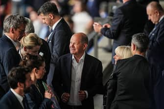 14 July 2024, Berlin: Soccer: European Championship, Spain - England, final round, final, Olympiastadion Berlin, Chancellor Olaf Scholz (SPD) in the stands before the match. Photo: Michael Kappeler/dpa (Photo by Michael Kappeler/picture alliance via Getty Images)