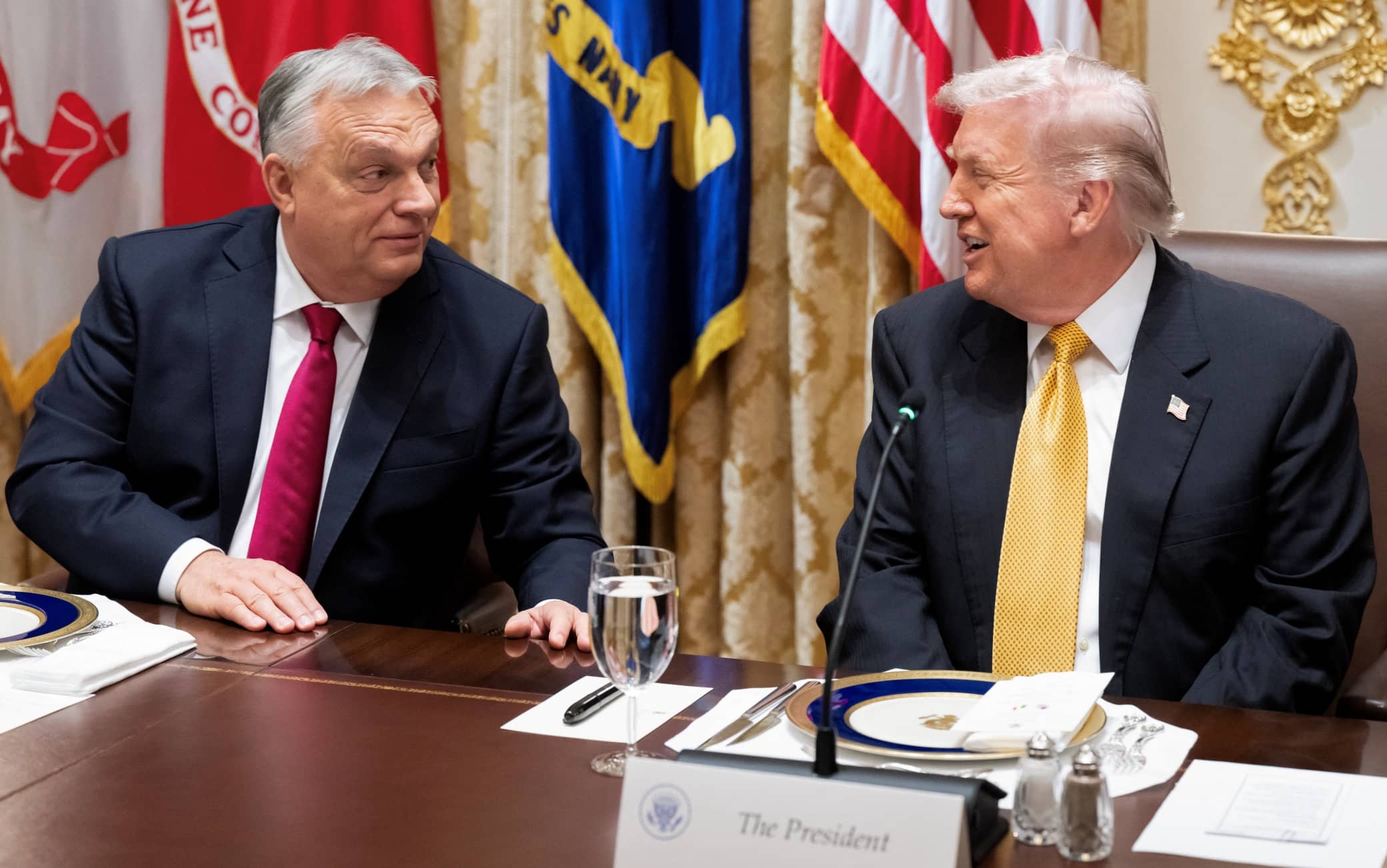 US President Donald Trump (R) and Hungarian Prime Minister Viktor Orban hold a meeting in the Cabinet Room of the White House in Washington, DC on November 7, 2025. (Photo by SAUL LOEB / AFP)