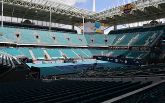 MIAMI GARDENS, FL - MARCH 20: A view of the The 2022 Miami Open Site Reveal Tennis court at Hard Rock Stadium presented by Itaú on March 20, 2022 in Miami Gardens, Florida. The 2022 Miami Open will reveal the elements fans can expect to enjoy as the tournament prepares to welcome back fans from all over the world. (Photo by JL/Sipa USA)