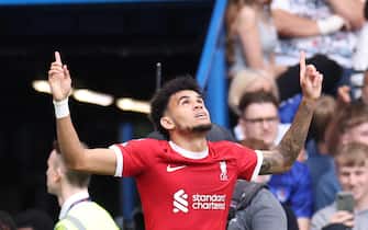 epa10798837 Liverpool's Luis Diaz celebrates scoring the 0-1 goal during the English Premier League match between Chelsea FC and Liverpool FC in London, Britain, 13 August 2023.  EPA/NEIL HALL EDITORIAL USE ONLY. No use with unauthorized audio, video, data, fixture lists, club/league logos or 'live' services. Online in-match use limited to 120 images, no video emulation. No use in betting, games or single club/league/player publications
