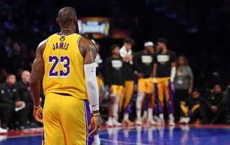 LAS VEGAS, NV - DECEMBER 9: LeBron James #23 of the Los Angeles Lakers looks on during the game against the Indiana Pacers during the In-Season Tournament Championship game on December 9, 2023 at T-Mobile Arena in Las Vegas, Nevada. NOTE TO USER: User expressly acknowledges and agrees that, by downloading and or using this photograph, User is consenting to the terms and conditions of the Getty Images License Agreement. Mandatory Copyright Notice: Copyright 2023 NBAE (Photo by Juan Ocampo/NBAE via Getty Images)