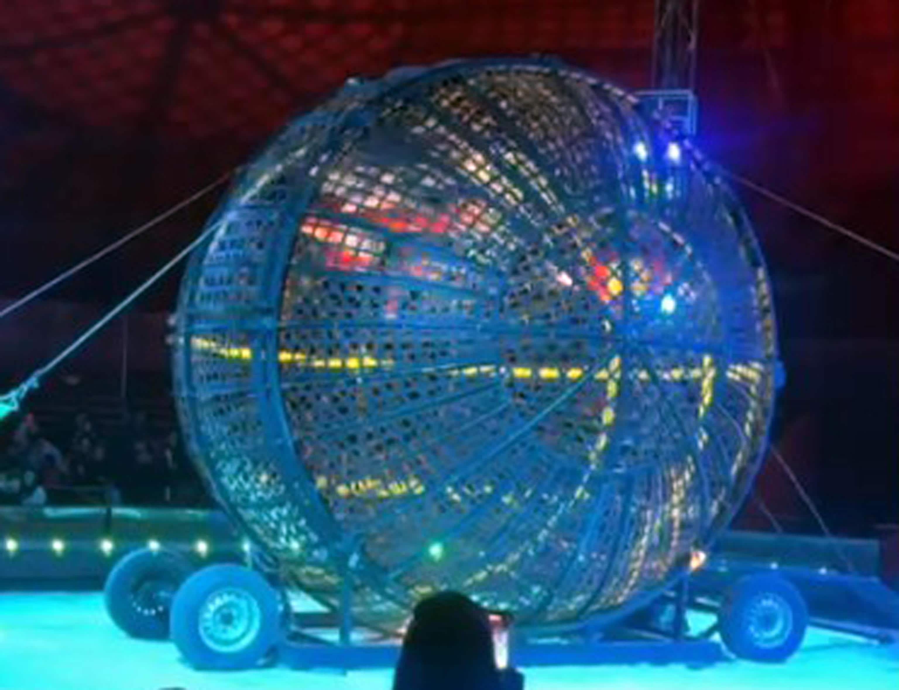 Il fermo immagine mostra un momento dello spettacolo acrobatico in una palla a rete, di lunedì scorso, dell'Imperial Royal Circus dove oggi due motociclisti professionisti si sarebbero scontrati e uno dei due stuntmen sarebbe deceduto, Sant'Anastasia (Napoli), 21 novembre 2025. 
ANSA