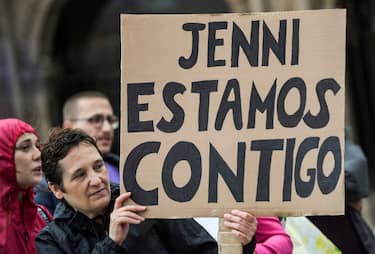 A person holds a sign reading 'Jenni, we are with you' during a march in support of Spanish national soccer player Jenni Hermoso in Gijon, Spain, 01 September 2023. The Spanish Higher Sports Council (CSD) on 01 September has urged the Administrative Court of Sport (TAD) to provisionally suspend Spanish Royal Soccer Federation (RFEF) President Luis Rubiales over the kiss on the lips he gave to Hermoso during celebrations of the FIFA Women's World Cup final on 20 August. Rubiales had announced on 25 August that he would not resign following criticism over the kiss. He was temporarily suspended by FIFA on 27 August 2023.  ANSA/Eloy Alonso
