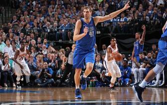 DALLAS, TX - APRIL 9:  Dirk Nowitzki #41 of the Dallas Mavericks reacts against the Phoenix Suns on April 9, 2019 at American Airlines Center in Dallas, TX. NOTE TO USER: User expressly acknowledges and agrees that, by downloading and or using this Photograph, user is consenting to the terms and conditions of the Getty Images License Agreement. Mandatory Copyright Notice: Copyright 2019 NBAE (Photo by Nathaniel S. Butler/NBAE via Getty Images)