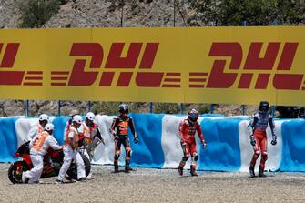 JEREZ DE LA FRONTERA, SPAIN - APRIL 27: Brad Binder of South Africa and Red Bull KTM Factory Racing Team (L), Enea Bastianini of Italy and Ducati Lenovo Team (CV), Alex Marquez of Spain and Gresini Racing MotoGP Team (L) looks dejected during the Sprint at the MotoGP Of Spain on April 27, 2024 in Jerez de la Frontera, Spain. (Photo by Joao Rico/DeFodi Images via Getty Images)