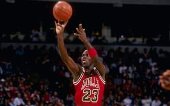 Guard Michael Jordan of the Chicago Bulls in action during a game against the Milwaukee Bucks at the Bradley Center in Milwaukee, Wisconsin.