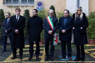 from Left: Gina Lollobrigida's ex-husband Francisco Javier Rigau, her nephew Dimitri Skofic, Rome mayor Roberto Gualtieri and her son Andrea Milko Skofic and Tiziana Rocca attend the funeral ceremony in the burial chamber at Aula Giulio Cesare in Campidoglio in Rome, Italy, 18 January 2023. Lollobrigida, a high profile European actress in the 1950s and early 1960s, has died at the age of 95 Corriere della Sera reported 16 January 2023.
ANSA/MASSIMO PERCOSSI