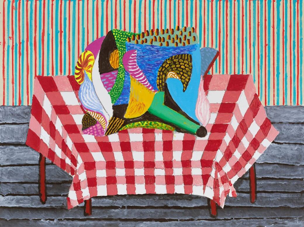 David Hockney, Abstraction Resting on a Red and White Checkered Tablecloth, 2025. Acrylic on canvas, 36 x 48 in. (91.4 x 121.9 cm) © David Hockney. Photo: Prudence Cuming