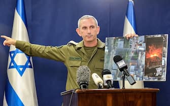 Israeli army spokesman Rear Admiral Daniel Hagari speaks to the press from The Kirya, which houses the Israeli Ministry of Defence, in Tel Aviv on October 18, 2023. A blast ripped through a hospital in war-torn Gaza killing hundreds of people late on October 17, sparking global condemnation and angry protests around the Muslim world. Spokesman Hagari on October 18 said that Israel had "evidence" that militants were responsible for the blast that killed hundreds at a Gaza hospital, saying a review proved others were at fault. (Photo by GIL COHEN-MAGEN / AFP) (Photo by GIL COHEN-MAGEN/AFP via Getty Images)