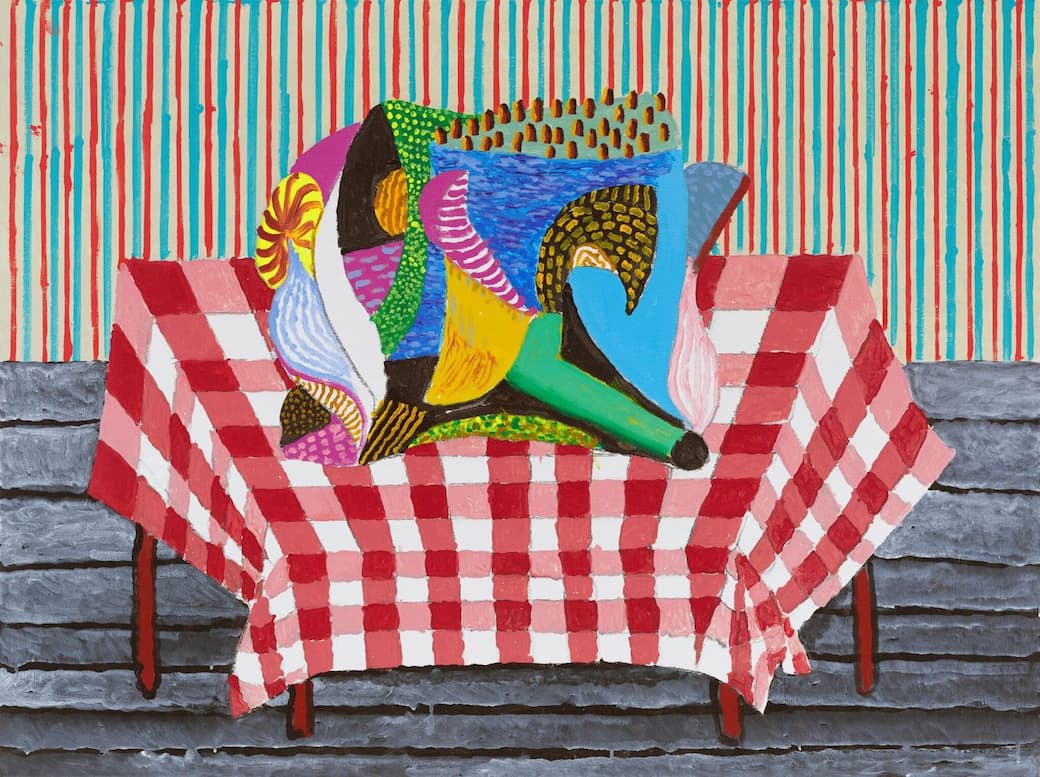 David Hockney, Abstraction Resting on a Red and White Checkered Tablecloth, 2025. Acrylic on canvas, 36 x 48 in. (91.4 x 121.9 cm) © David Hockney. Photo: Prudence Cuming