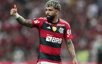 epa10783827 Gabriel Barbosa of Flamengo reacts during the Copa Libertadores round of 16 soccer match between Flamengo and Olimpia at Maracana stadium in Rio de Janeiro, Brazil, 03 August 2023.  EPA/Andre Coelho