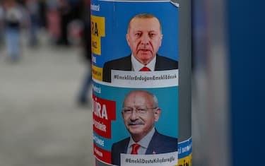 ISTANBUL, TURKEY - MAY 09: Posters of Turkish President and People's Alliance's presidential candidate Recep Tayyip Erdogan (top) and Kemal Kilicdaroglu, presidential candidate and leader of the Republican People's Party (CHP) (bot) in Maltepe district on May 9, 2023 in Istanbul, Turkey. Turkey's presidential election is scheduled for May 14, 2023. (Photo by Aziz Karimov/Getty Images)