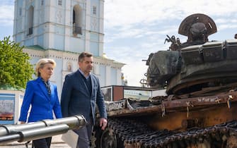 KYIV, UKRAINE - MAY 9, 2023 - President of the European Commission Ursula von der Leyen and Deputy Minister of Foreign Affairs of Ukraine Yevhen Perebyinis visit the exhibition of destroyed Russian military vehicles in Mykhailivska Square, Kyiv, capital of Ukraine.