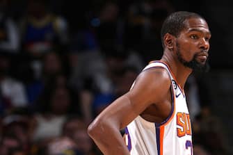DENVER, CO - MAY 1:  Kevin Durant #35 of the Phoenix Suns looks on during the game against the Denver Nuggets during Round 2 Game 2 of the 2023 NBA Playoffs on May 1, 2023 at the Ball Arena in Denver, Colorado. NOTE TO USER: User expressly acknowledges and agrees that, by downloading and/or using this Photograph, user is consenting to the terms and conditions of the Getty Images License Agreement. Mandatory Copyright Notice: Copyright 2023 NBAE (Photo by Bart Young/NBAE via Getty Images)