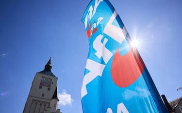 18 May 2024, Bavaria, Deggendorf: An AfD beach flag stands on the town square in Deggendorf at a European election campaign event. Photo: Tobias C. Köhler/dpa (Photo by Tobias C. Köhler/picture alliance via Getty Images)