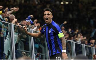 Inter Milan s Lautaro Martinez jubilates after scoring goal of 1 to 0 during the UEFA Champions League second  leg  of semi final match  between FC Inter  and  Milan   at Giuseppe Meazza stadium in Milan, 16  May  2022.
ANSA / MATTEO BAZZI

