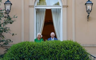 Britain's King Charles III and Queen Camilla during a meeting with the British community in Villa Wolkonsky, Rome, Italy 8 April 2025. ANSA/FABIO FRUSTACI
