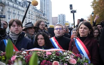 LFI deputies Manon Aubry Antoine Leaument and Aurelie Trouve gather in front of the wreath to be laid at the Place des Martyrs juifs du Velodrome d'Hiver square. The gathering was disrupted by opponents. Paris, France, on November 12, 2023. Photos by Jeremy Paoloni/ABACAPRESS.COM